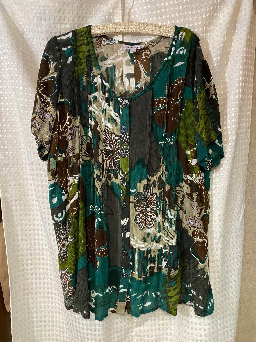 Roaman's Green Olive Khaki Botanical Print Button-Down Tunic / Blouse SIZE 18W